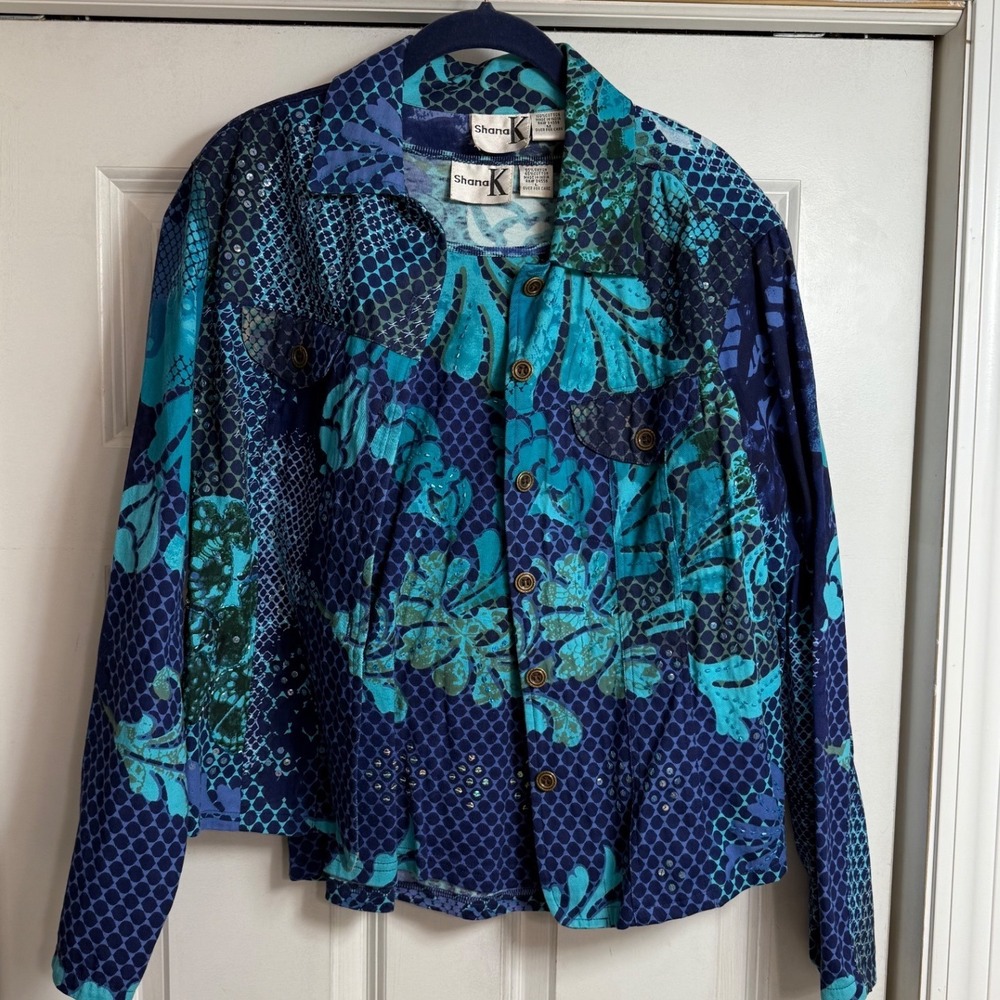Y2K 90w Women's Blue Teal Floral Snake Bling‎ Button Up Shirt Jacket Sz Med Lg